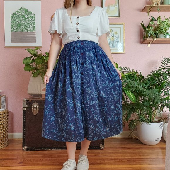 Lizsport Vintage Blue Tropical Floral Print Button Down Midi Skirt Size PM - Picture 7 of 16